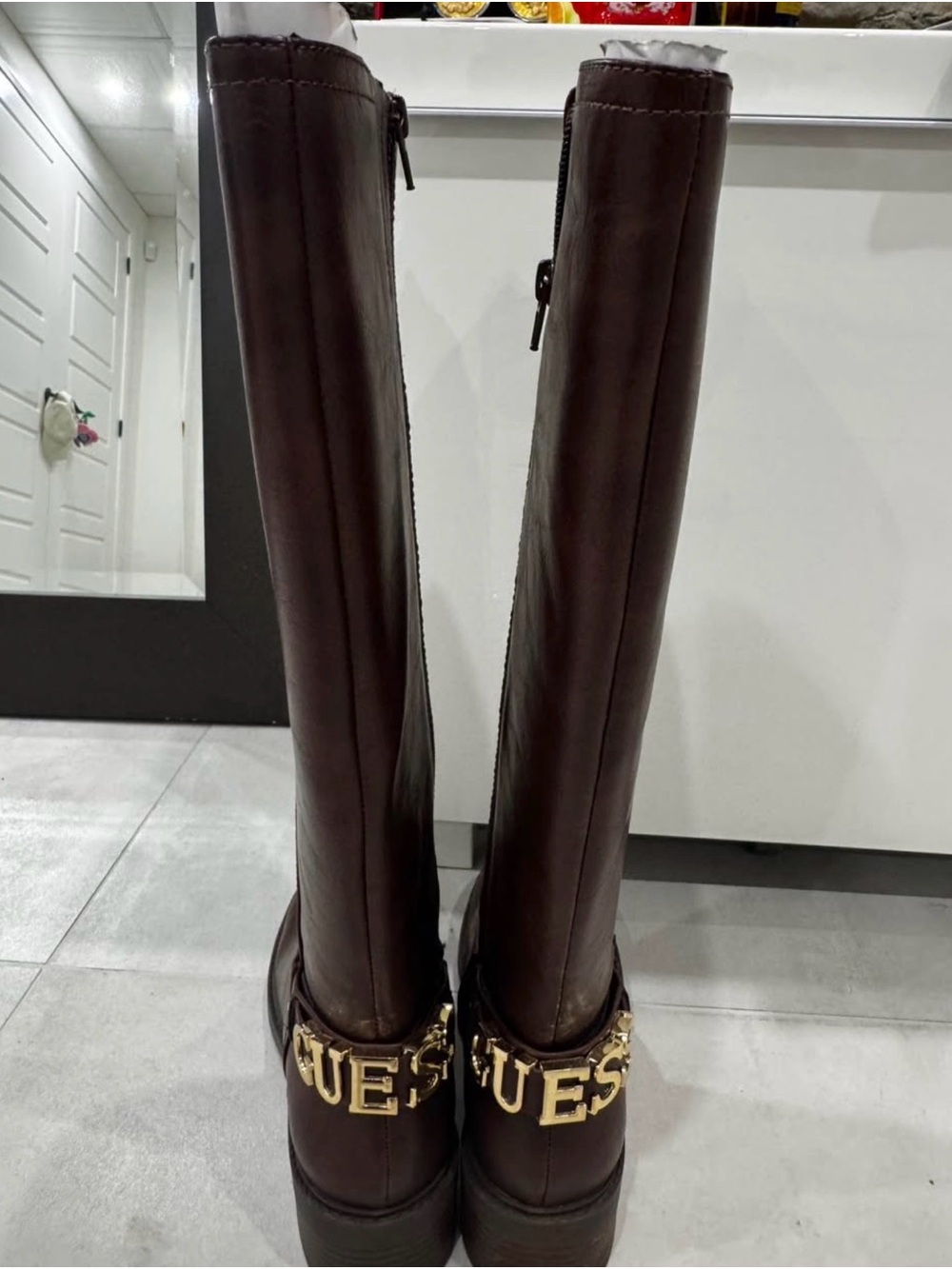 Guess Tall Dark Brown Leather Over-the-Knee Boots with Gold Logo Chain